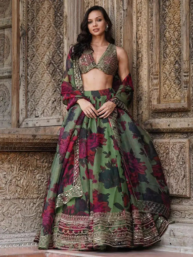 Tantalizing Green Floral Printed Organza Mehendi Wear Lehenga Choli